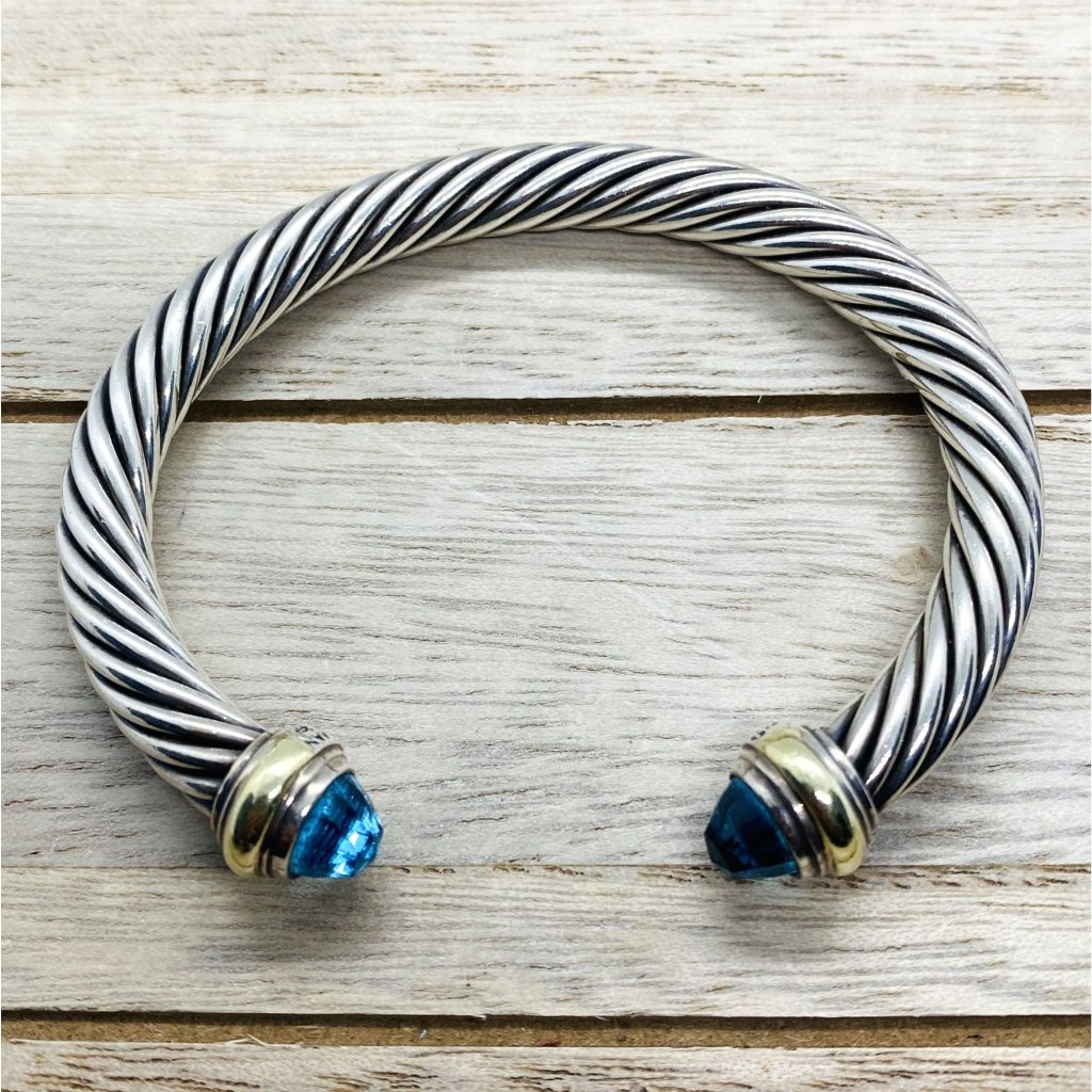 David Yurman Sterling Silver 925 14k Gold 7mm Cable Topaz Cuff Bracelet 525$